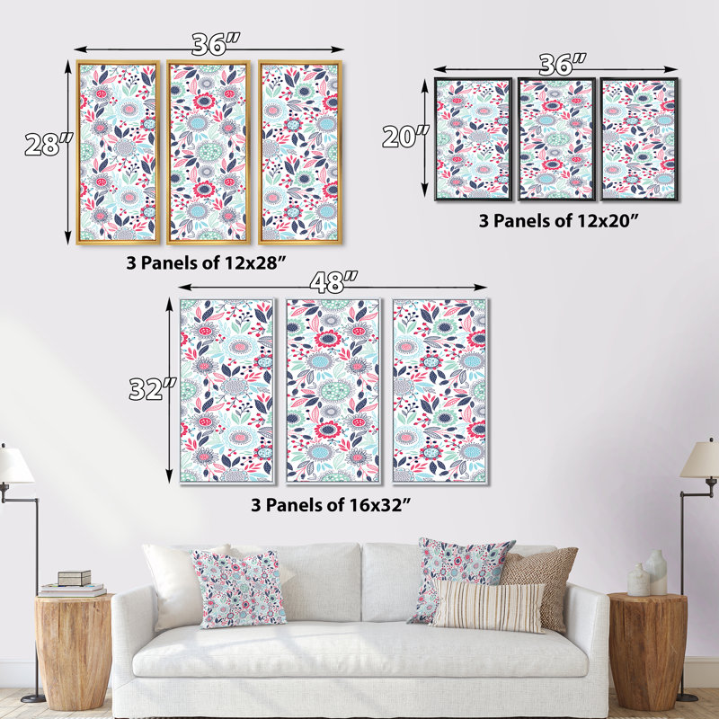 Fleurs rétro roses et bleues - ensemble de 3 reproductions d'art encadrées sur toile, Cadre noir, H 28 po x l 36 po x P 1 po