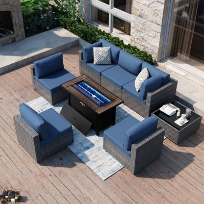  Ensemble de patio extérieur en rotin pour 6 personnes avec table de foyer Emanie