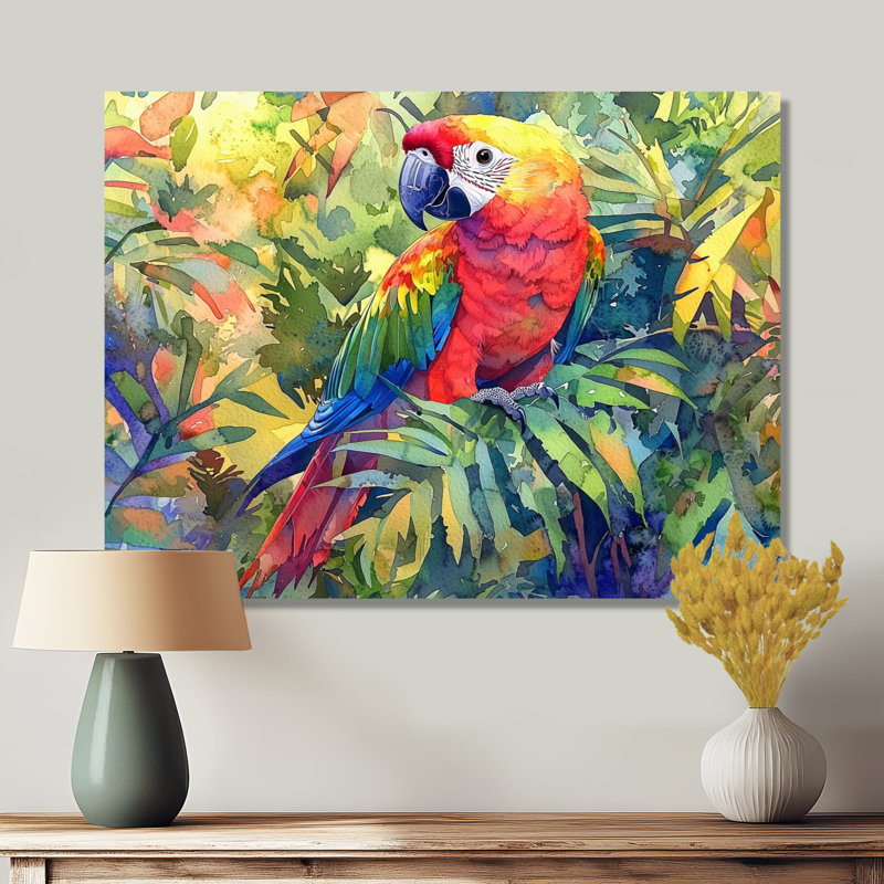 Aquarelle perroquet dans les tropiques II - reproduction d'oiseau sur métal, H 16 po x l 32 po