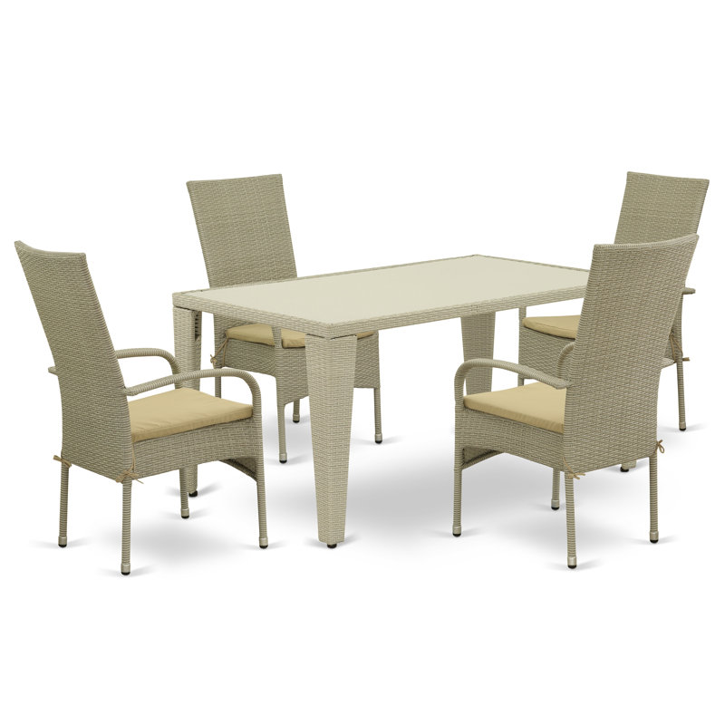 5 Piece Outdoor Patio Conversation Sets Includes a Rectangle Wicker Dining Table with Glass Top and 4 Balcony Backyard Armchair with Cushion, Natural Linen