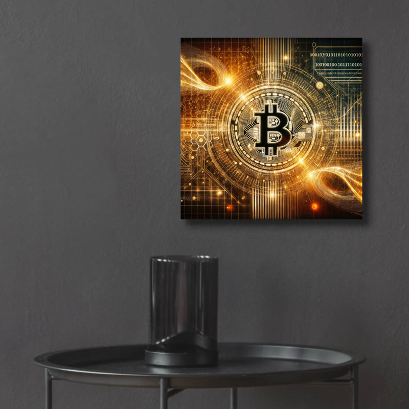  «Glowing Bitcoin» par Rey Klimt, art mural en verre, 12 po x 12 po, H 12 po x l 12 po x P 0,13 po