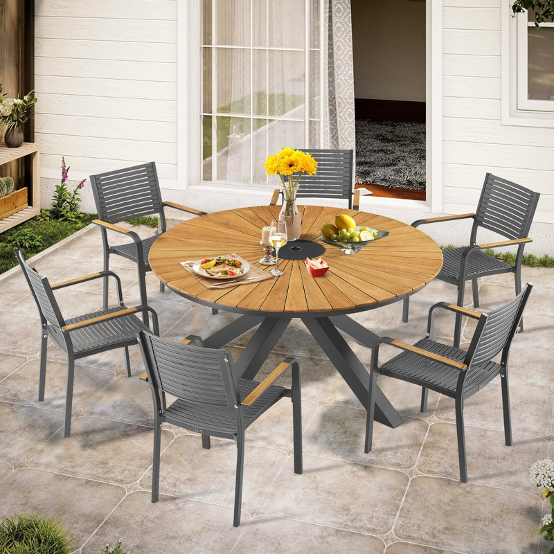 Ensemble repas d'extérieur rond en aluminium / teck, Noir, noir, noir, noir, 6