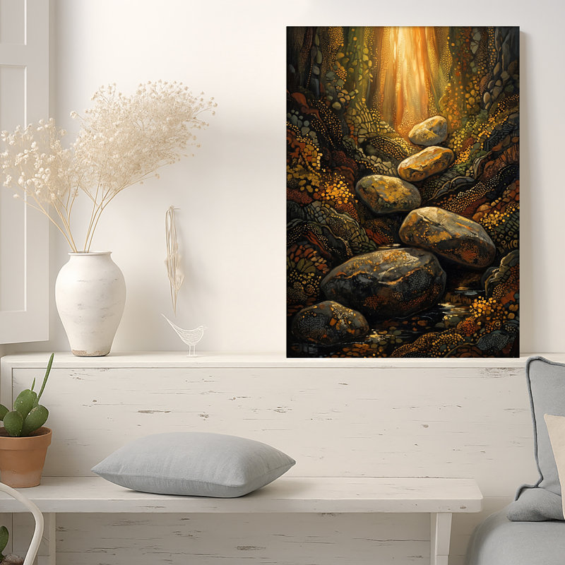 Art texturé, "Textured Rocks in Sunlit Stream Forest", 18"H x 12"W