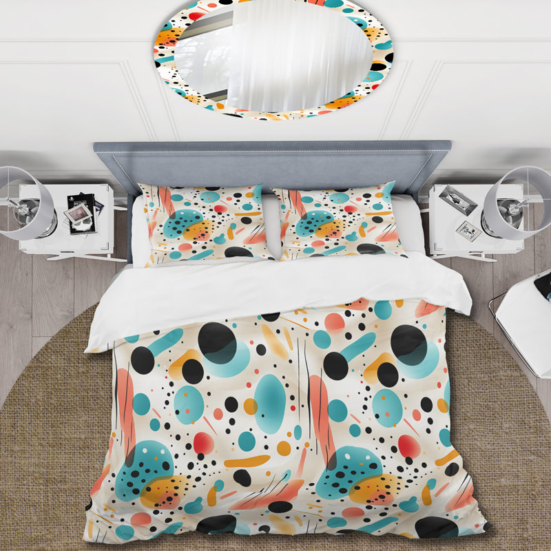 Ensemble de housse de couette à pois jaune et bleu Fashion II - Midcentury, Housse de couette pour grand lit et 2 taies décor