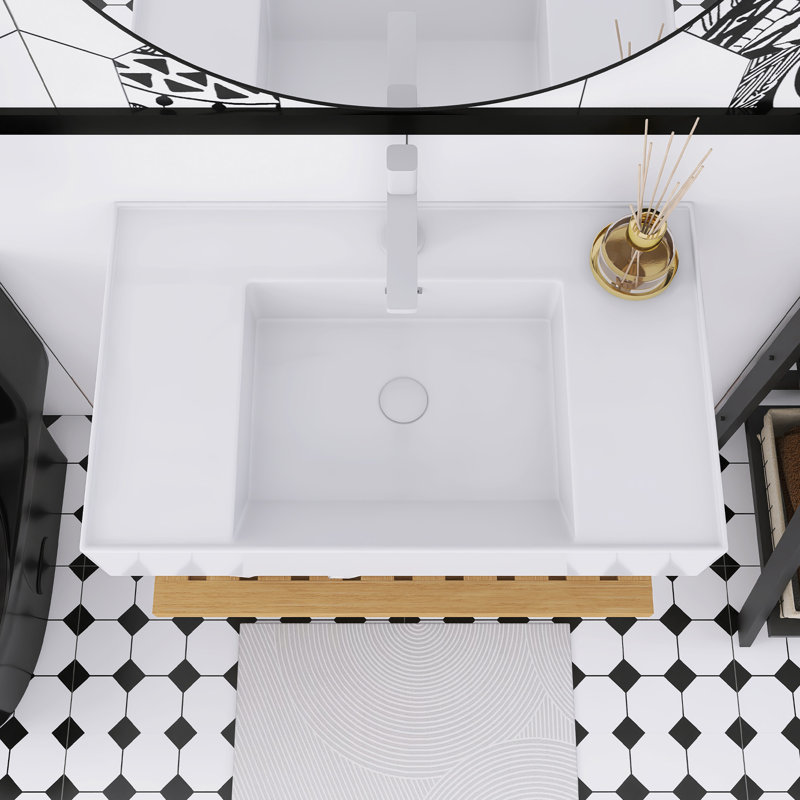 Meuble-lavabo mural, lavabo intégré rectangulaire en acrylique blanc, tablette rayée., 30", Naturel