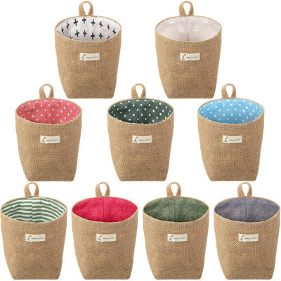 9 Pcs Mini Wall Hanging Storage Bags Cotton Linen Storage Basket  Foldable Family Organizer Box Decorative Hanging Basket Bin For Door Wall Closet Office College Dorm