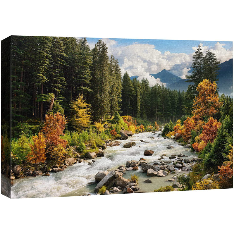 Autumn Fall " Autumn Fall Vibrant Tree Forest River Nature Wildernes ", 32" H x 48" W x 1.5" D, Wrapped Canvas