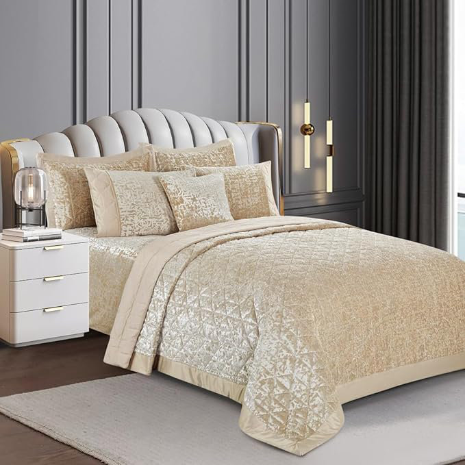 Bohara Plush Velvet Bedspread with Pillow Shams Included, Super King Bedspread + 2 Pillow Sham, Beige