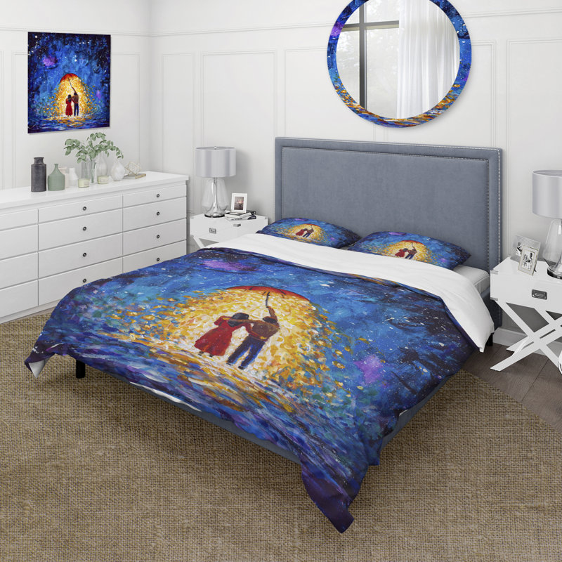Couple In Love Walks Under Glowing Umbrella - Ensemble de housse de couette champêtre - Microfibre polyester