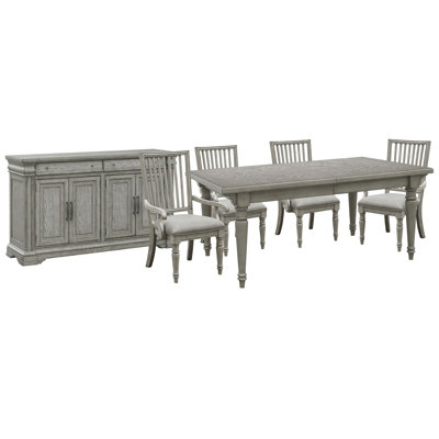Branice Farmhouse Leg Dining Table With 4 Arm Chairs And Server
