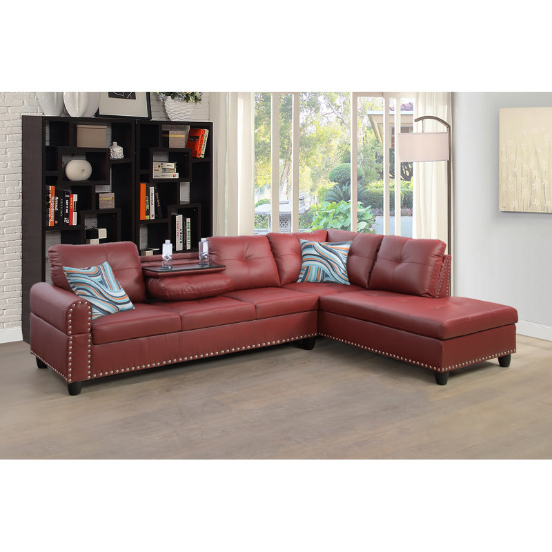 Louvenia Upholstered L-Shaped Sectional, Right Hand Facing, Burgundy Faux Leather