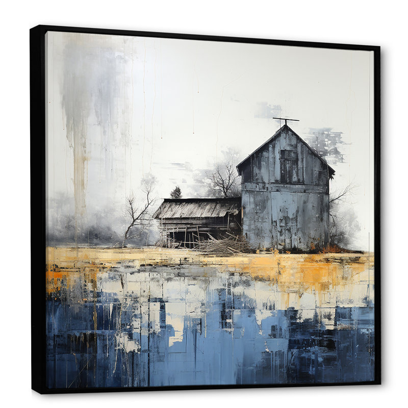 Mystic beige et grange bleue sur toile, Cadre flottant noir, H 16 po x l 16 po x P 1 po