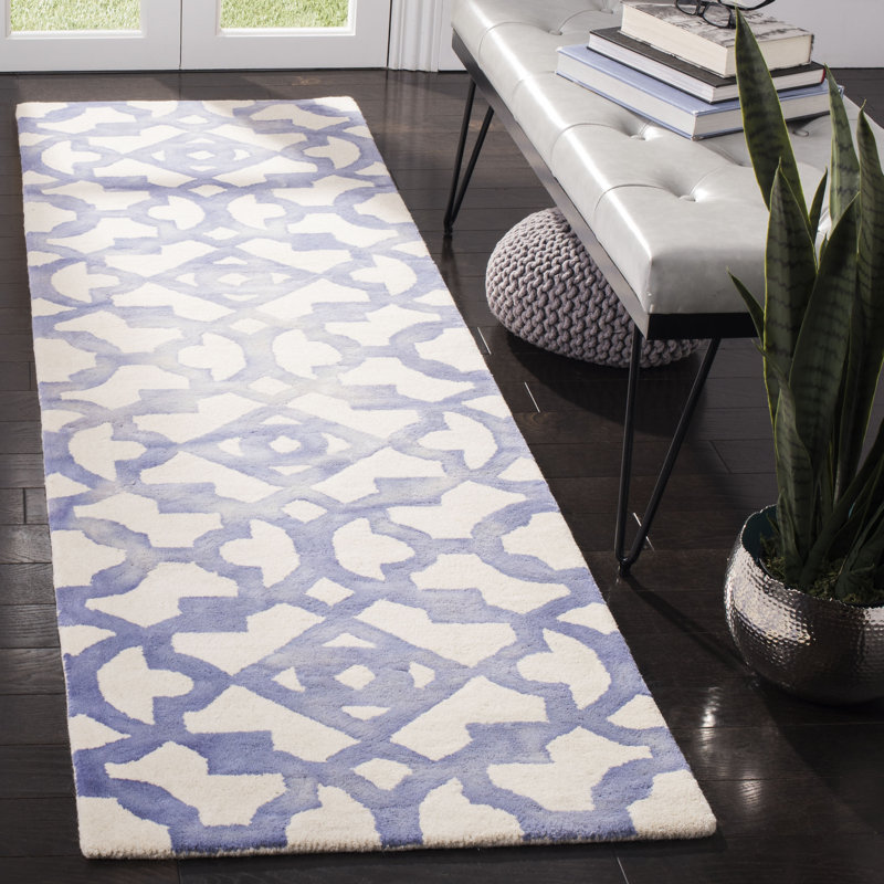 Amekia Hand Tufted Wool/Cotton Geometric Rug in Ivory/Blue, Runner 2'3" x 8'