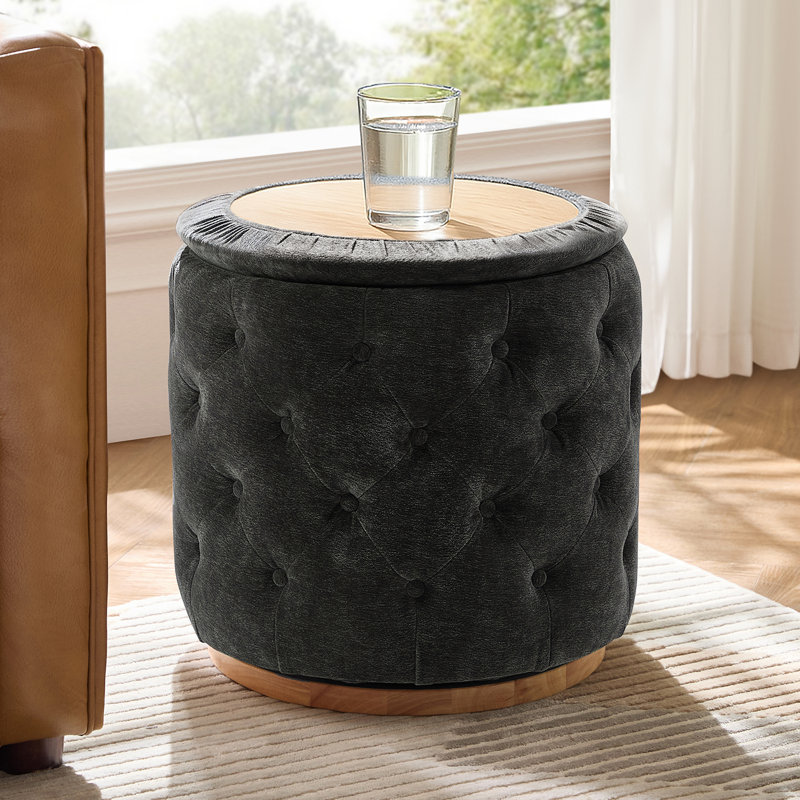 Venus Modern 19"W Tufted Ottoman with Storage and 360-degree Swivel Solid Wood Base, Black