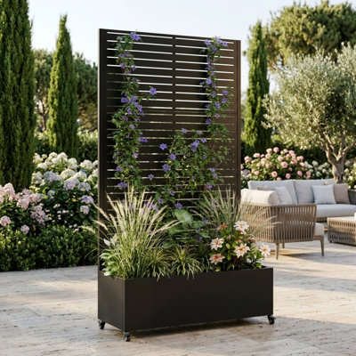 Boîte à fleurs surélevée en métal avec treillis et roues en toute intimité, jardinière mobile d'extérieur avec roulettes verrouillables, support de plantes hautes pour plantes grimpantes, fleurs, légumes, patio