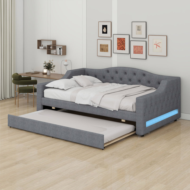 Upholstered Daybed With LED Belt And 2 Drawers, Gray