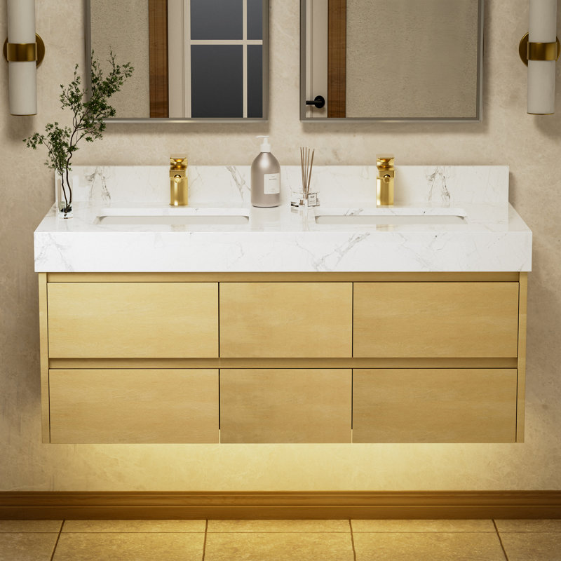 48 po L 20,8 po P 21,2 po Meuble-lavabo mural en H en bois de bouleau avec plateau en marbre blanc H, 48"