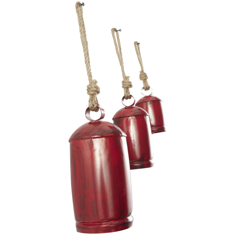 Kaskaskia Metal Tibetan Inspired Indoor Outdoor Decorative Cow Bells with Jute Hanging Rope Set, Red