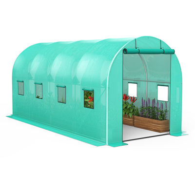 7×15×7FT Outdoor Walk-in Greenhouse, Galvanized Steel Frame, Insulated PE Cover, 1 Door & 8 Windows, with Installation Tools for Plants & Vegetables