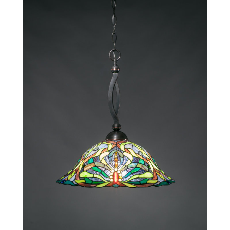 Bow Chain Hung Pendant Glass, Brushed Nickel, 20", Kaleidoscope Tiffany