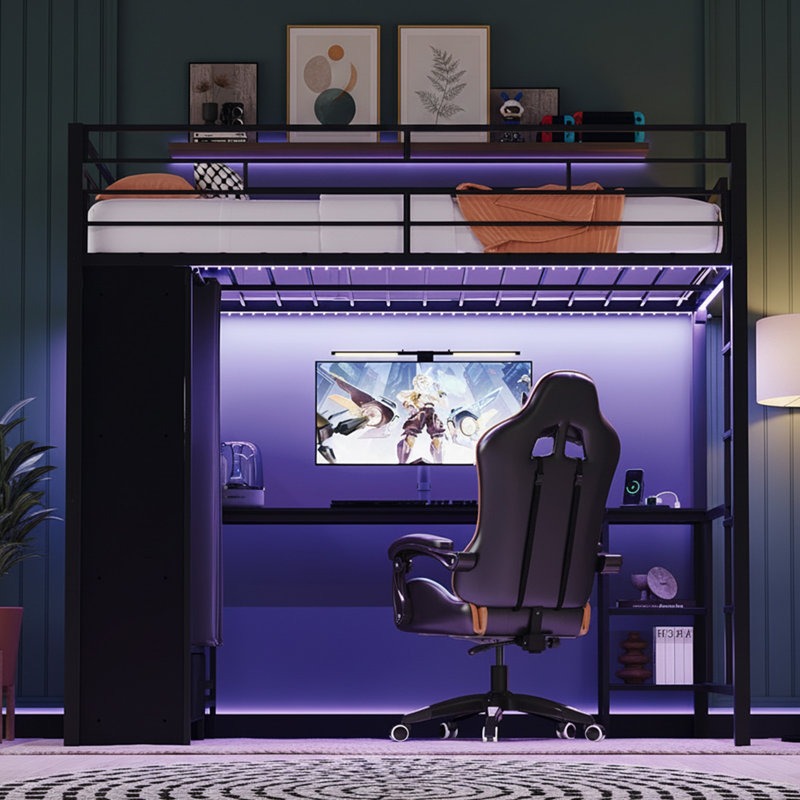 Metal Loft Bed With Desk, Built-In Wardrobes,Led Light,Charging Sockets And Ladder, Full