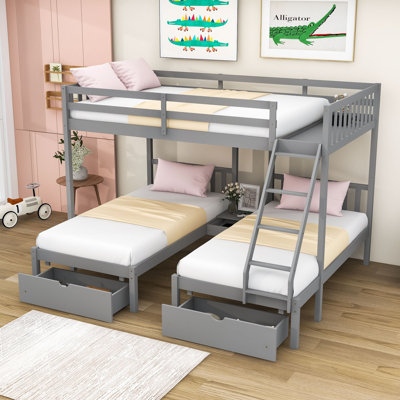 Full over Twin & Twin 3 Drawer Triple / Quad Bunk Bed with Shelves by Harriet Bee by Harriet Bee