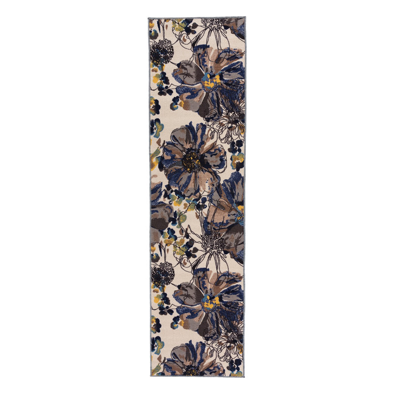 Dichiera Floral Brown/Navy/Cream Non-Slip Rubberback Area Rug, Runner 2'7" x 12'
