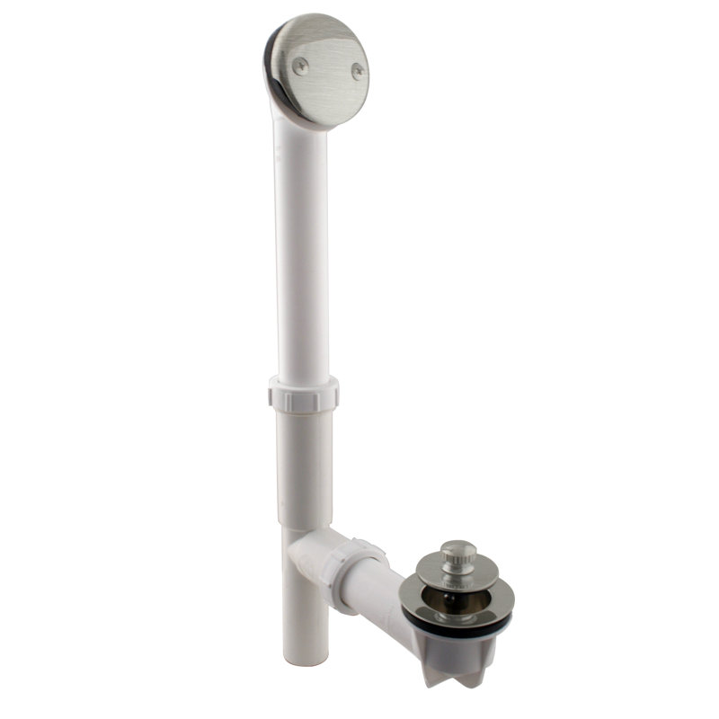14" White Polypropylene Twist & Close Bathtub Leg Drain Assembly with 2-Hole Overflow, Stainless Steel