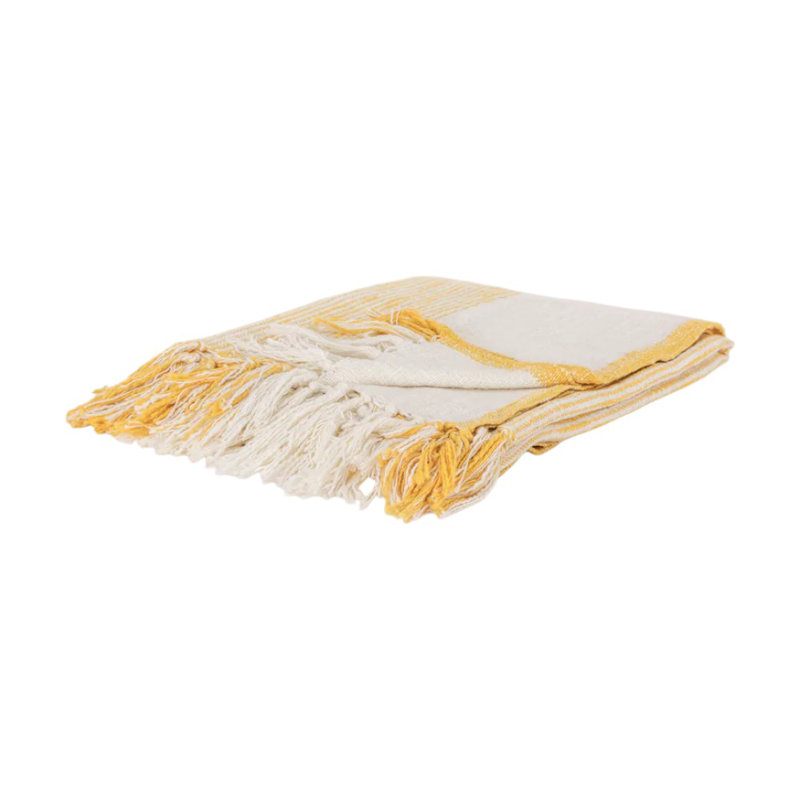 Jeté rayé en coton jaune et ivoire 50 po x 60 po avec franges