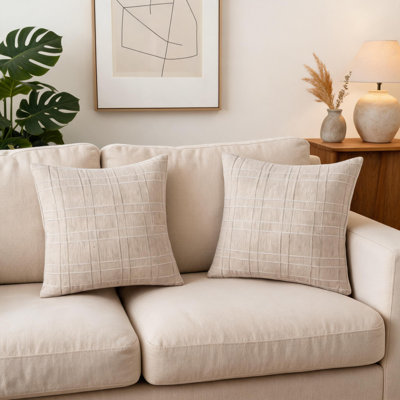 28X28 Inch Set Of 2 Beige Linen Plaid Pillow Covers Rustic Decor For Modern Sofa Bedroom