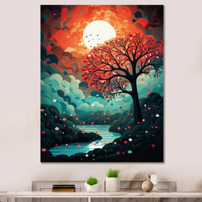 Arbre rouge magique à côté de la pleine lune - impression