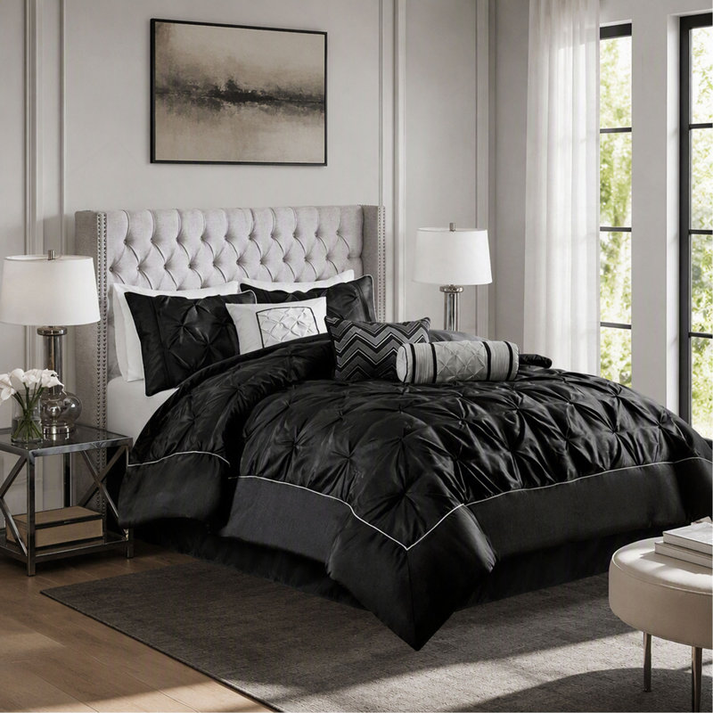 Ensemble de couette 7 pièces capitonné - Noir - Queen, Queen Comforter + 6 Additional Pieces