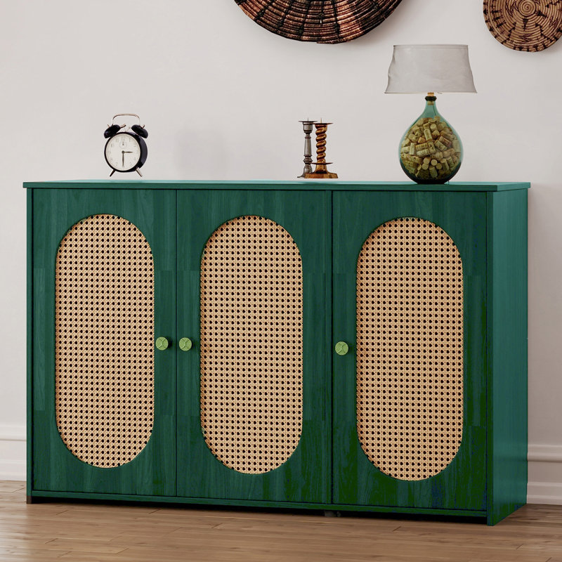 Retro 3-Door Sideboard With Large Storage Space Artificial Rattan Doors And Metal Handles, Blue