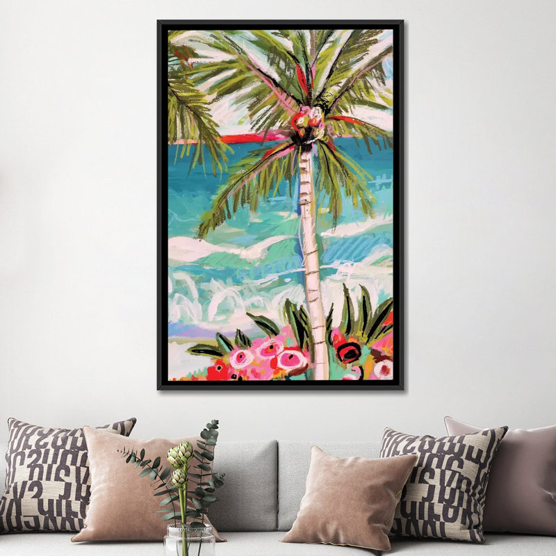 «Palm Tree Whimsy II», impression sur toile, Toile avec cadre noir, H 48 po x l 32 po x P 1,5 po, Pas de tapis
