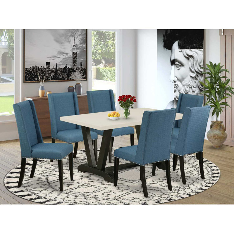 7-Piece Dinner Table Set Contains a Linen White Dining Table and 6 Mineral Blue Linen Fabric Kitchen Chairs - Wire Brushed Black Finish