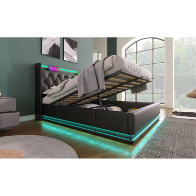 Lit tapissier, fonction DEL à 360 degrés, boutons / applications / télécommande, lit de rangement hydraulique avec chargement USB Type-C, polyuréthane (sans matelas)