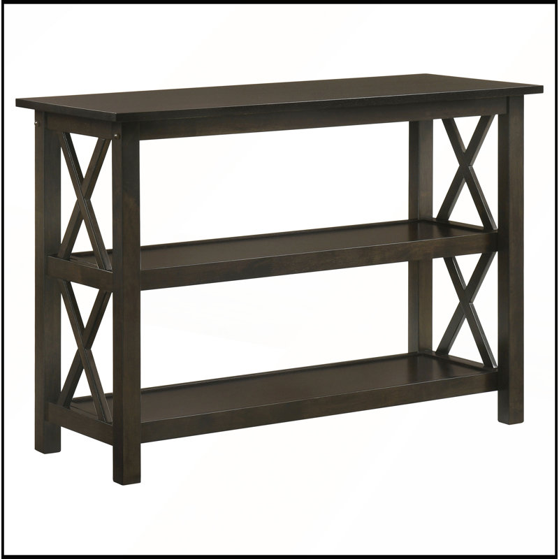 Deep Merlot Console Table with Two Lower Shelves Rectangular Top X Motif Sides for Decorative Items
