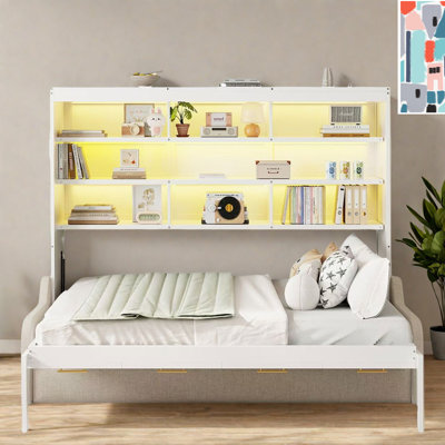 Lit armoire avec canapé escamotable Murphy, tablettes de rangement intégrées et éclairage à DEL