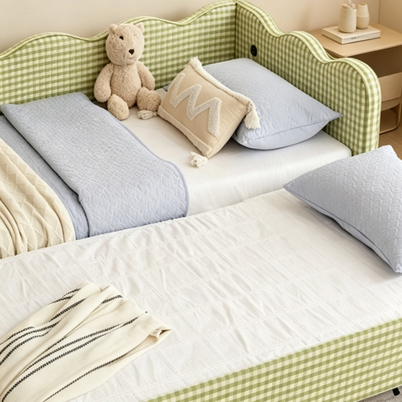 Cozy Gingham Daybed With Trundle Twin Size Sofa Bed No Box Spring Needed, With USB Port And Adorable Wave Shaped, Linen Fabric, Green