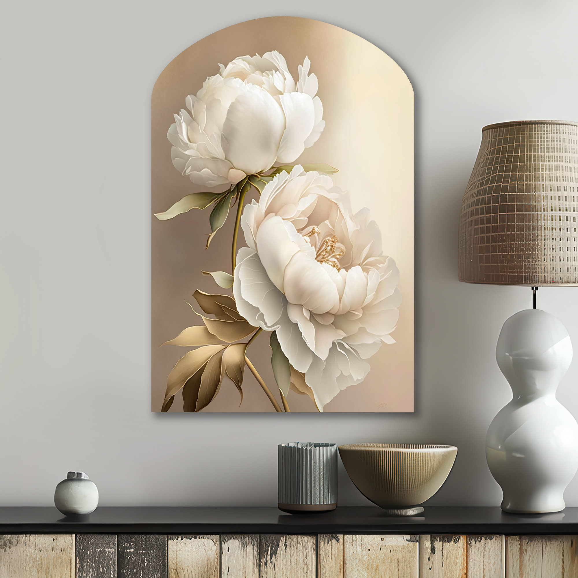 Design Art Peony Flower II Peonies Arch Shape Metal Wall Sculpture