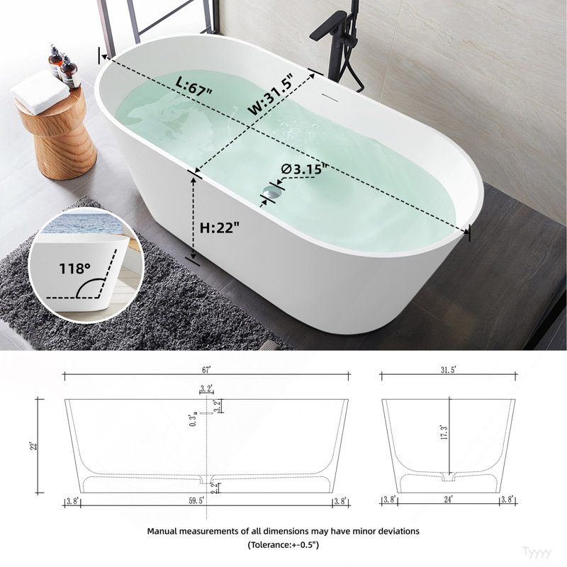 67" Premium Solid Surface Deep Soaking Bathtub