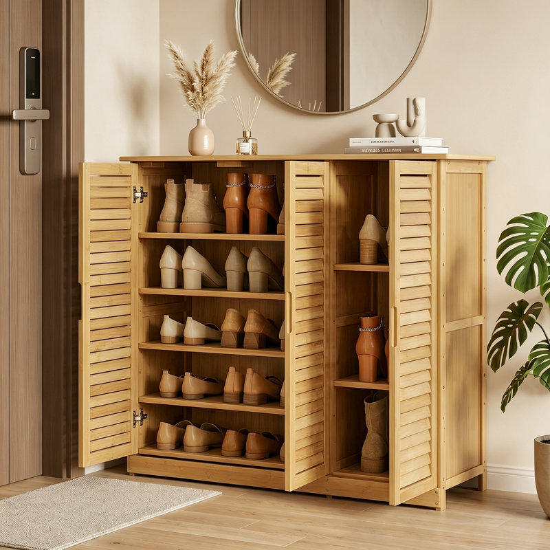 5-Tier 21 Pairs Storage Free Standing Bamboo Shoe Rack Blinds with Door, for Entryway Hallway