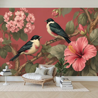 Papier peint adhésif auto-adhésif moderne L 96 "x l 69" Peel and Stick pour chambre à coucher avec deux oiseaux noirs et blancs, branches perchées, fleurs d'hibiscus roses