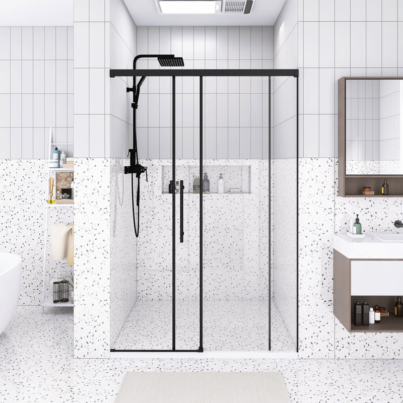 48" W × 72" H Frameless Single Sliding Shower Door,5Mm Fixed Glass And 6Mm Sliding Glass  , Clear Tempered Glass, Stainless Steel Handle,Matte Black