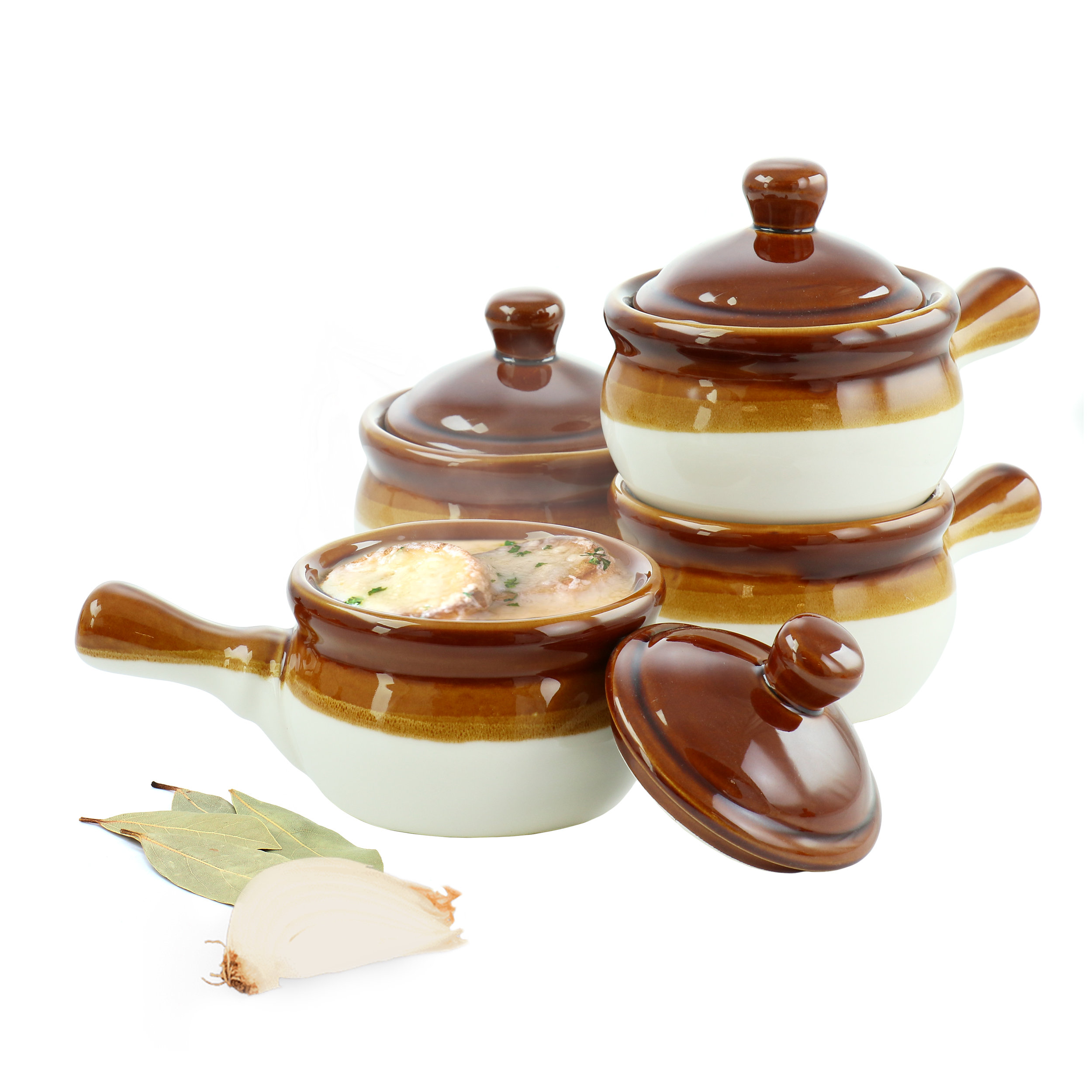Kook 4-Piece French Onion Soup Crock Ceramic Bowl with Lid Stoneware  Kitchen Set 