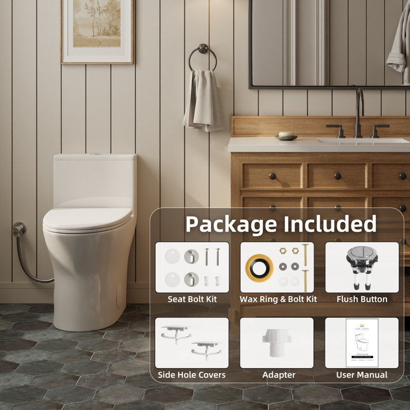 Toilette compacte une pièce pour les petites salles de bain Los Flexi, toilette allongée à hauteur de fauteuil de 18 po, chasse double 1,0 / 1,28 GPF et tourbillon sans rebord, rugueuse 12 po