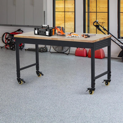 48 x 24 Inch Adjustable Rubberwood Workbench, Heavy Duty Metal Frame Rolling Workbench with Power Outlets and Casters for Garage, Workshop, Office and Home