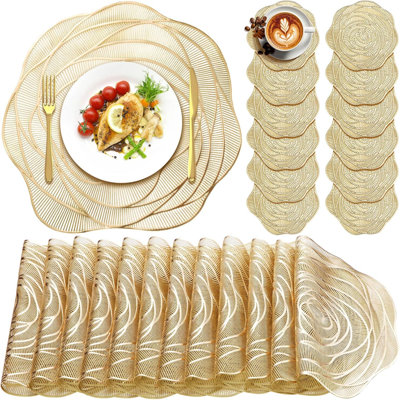 Ensemble de 12 sous-verres ronds en vinyle pressé de 15 po avec napperon et ensemble de sous-verres métalliques comprenant des napperons et des sous-verres antidérapants pour la salle à manger, or