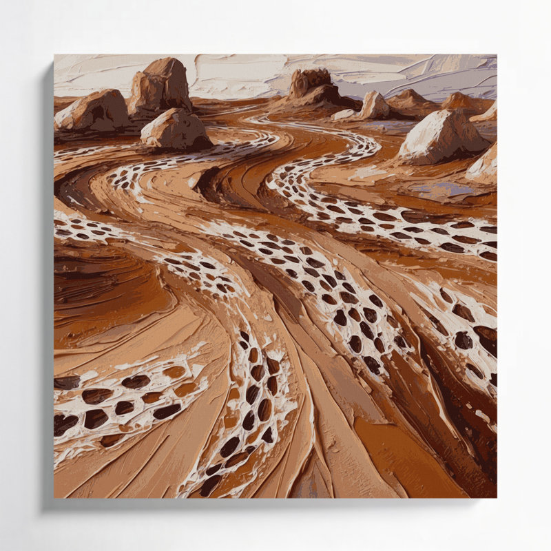 Art sur toile brun, motifs du sud-ouest, "Coyote Tracks 205", 16" H x 16" W