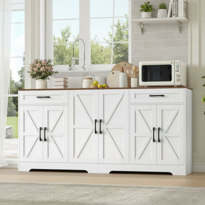 White Six-Door Farmhouse-Style Sideboard With Two Adjustable Shelves.